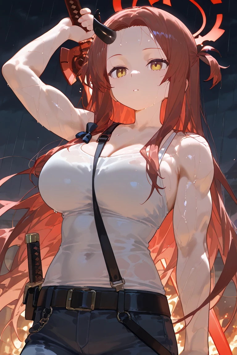 (((Sketch))), ((Watercolor)), long orange hair, straight hair, hair between eyes, ((red eyes, glittering eyes)), large breasts, skinny, (large hips), bare shoulders, pervert smirk, short sleeves, ((torn sleeves)), ((ripped crop top)), ((torn thighhighs)),(((pelvic curtain))), cuffs, chain, shackles, handcuffs, chained, bound wrists, cutout, ((Choker with chains)), Torn clothes, lips, , more_details:-1, more_details:0, more_details:0.5, more_details:1, more_details:1.5 dungeon cell