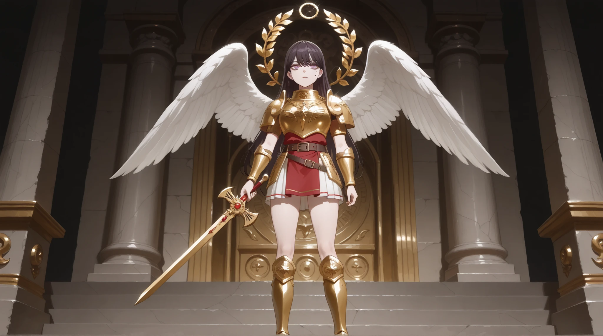 one girl, is the side of the band :1.2, whole body ,shiina taki, MyGO, long hair, black hair ,purple eyes, mole under eyes, golden laurel wreath, red and golden armor, gold boots, Holding a Warhammer with thunder, Warhammer, short skirt, angel wings, marble temple, standing on the stairs