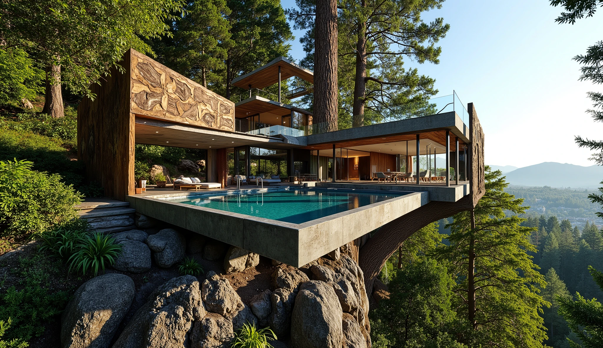 (super luxury tree house:1.5),(Treehouse on a giant redwood:1.5),(Modern 3-storey mansion standing on a giant tree:1.5)、There is a luxurious pool、A waterfall cascades down from natural bedrock、