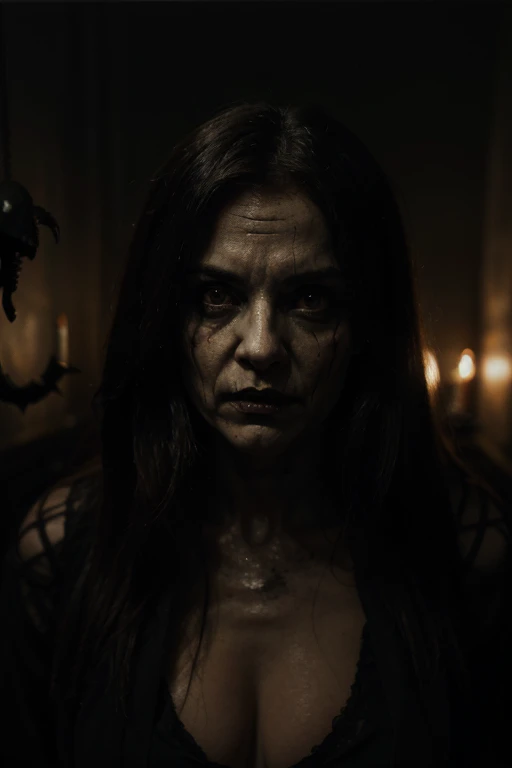 cinematic film still of Cinematic
Closeup of a young demonic creature woman with a y scary face and scary eyes staring at camera with scary look in a dark room with moonlight on Kodak Vision3 500T Film Stock Footage Style, shallow depth of field, vignette, highly detailed, high budget, bokeh, cinemascope, moody, epic, gorgeous, film grain, grainy