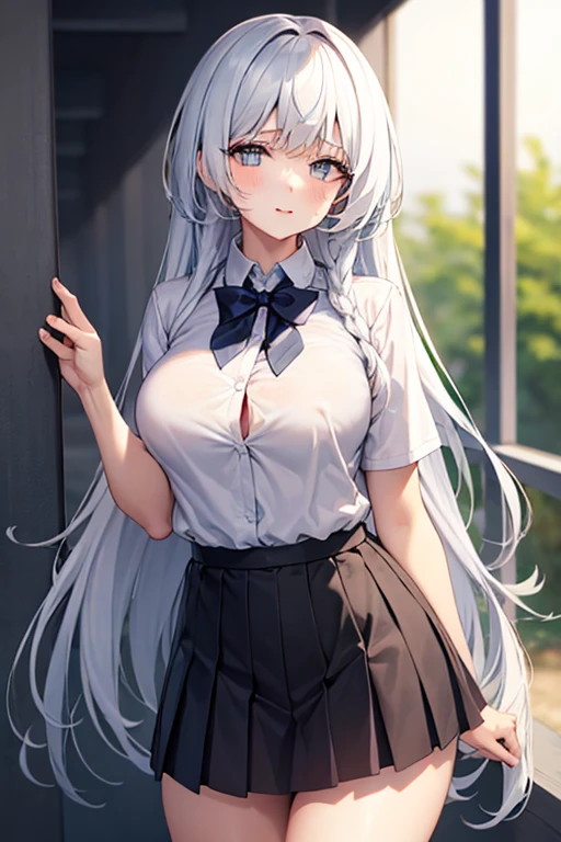 ((1girl in)), (Twin-tailed), silver hair, Amazing face and eyes, Pink eyes, (amazingly beautiful girl), silver hair, (High , Pleated mini-skirt:1.5), ((Best Quality)), (Ultra-detailed), (extremely detailed CG unified 8k wallpaper), Highly detailed, High-definition raw color photos, Professional Photography, (((Bokeh))), depth of fields, (gigantic breasts:1.2) , show off nipple , erect nipple , (skirt lift:1.2) , wet white panty , (cameltoe:1.2) , (bare breasts:1.2) , black garter belt ,