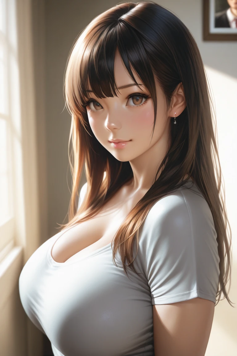 top-quality, tmasterpiece, hyper HD, (realisticlying: 1.4), RAW photogr, one-girl, brunette color hair, By bangs, ssmile, Glossy glossy skin, dramatic lights, Neat, White Summer Sweater, (huge tit, gigantic cleavage breasts)