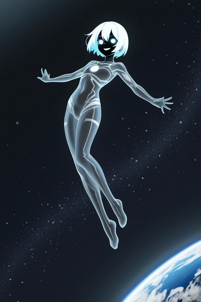 skinny, naked, high. Floating in the vastness of space in the galaxy. full-length naked. silver hair