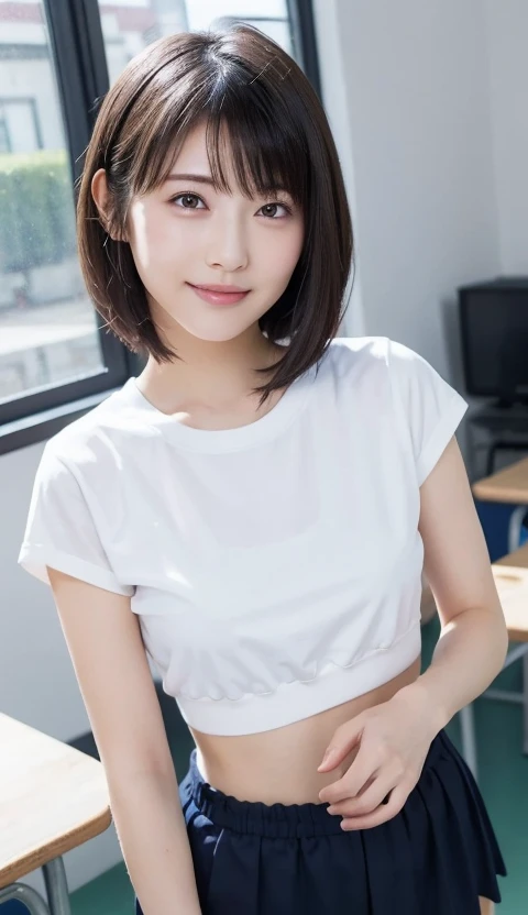 ((masterpiece))、((highest quality))、picture、reality、High level image quality、super detailed、delicate facial features、Realistic background and accessories、large and soft chest、40 years old married woman、plump body、short hair、sexy smile、Women's locker room、locker room、Change of clothes、dark room、light from window、mesh t-shirt、take off your t-shirt、