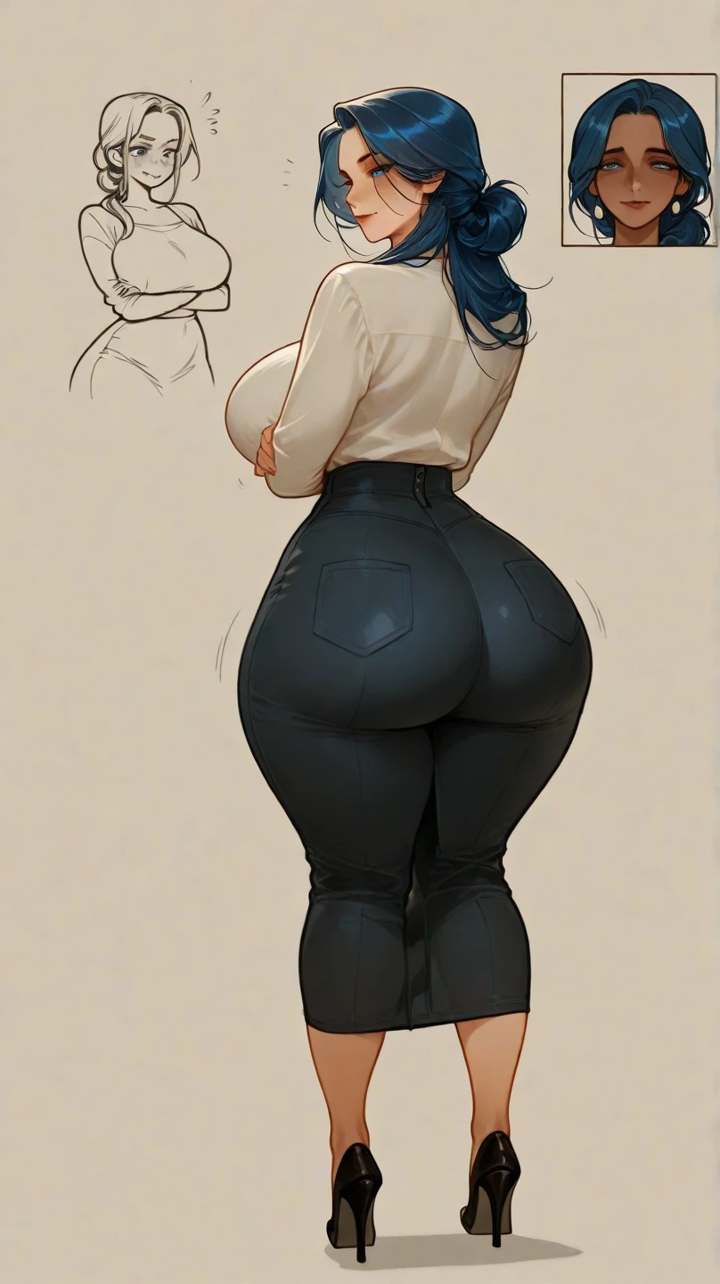 
Rear view of a woman wearing flared jeans and a full white hijab. Full body photography from behind. Long, wide-leg jeans. Big butt. Wide-leg.