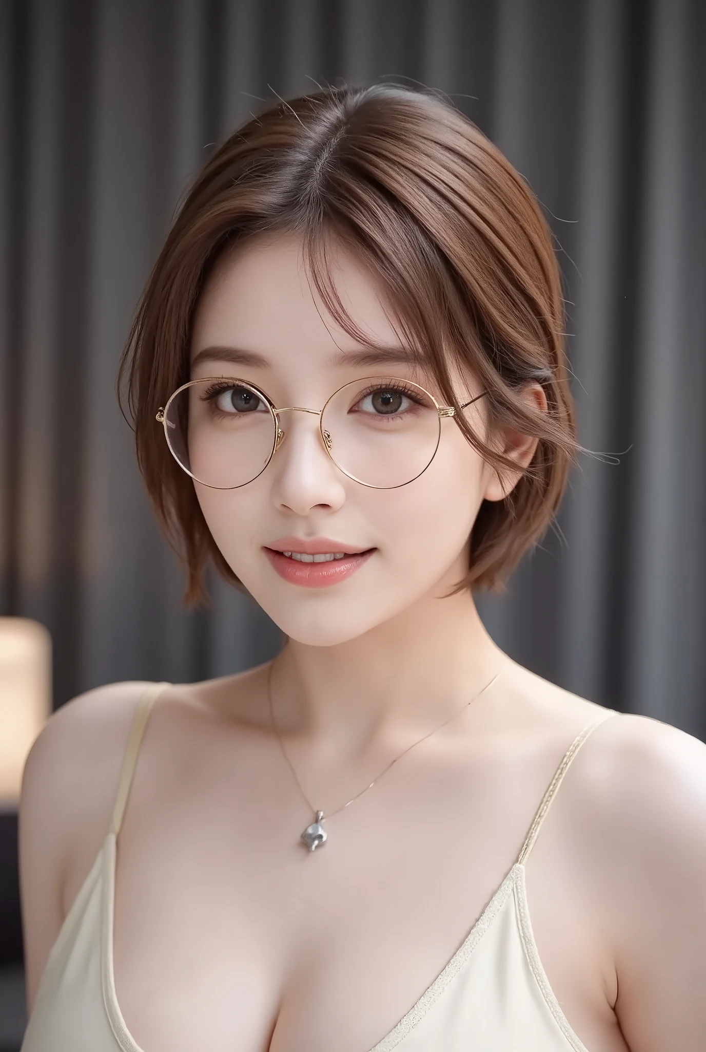 Adult beauties、Black-rimmed round glasses、A sexy、RED dress、Brown hair、perm、Christmas、Cute earrings
