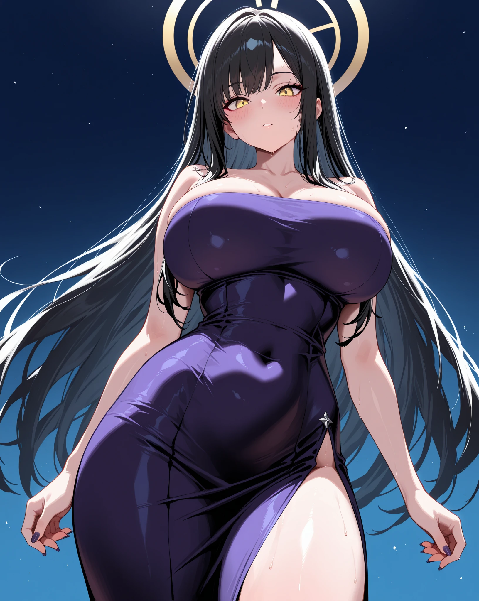 delta, facial mark, purple eyes, large breasts, black long hair, tail, tail ornament, nude, naked, squatting, (hands between legs:1.1), (closed eyes:1.1), looking up, open mouth, full moon, red moon, grass, outdoors, night