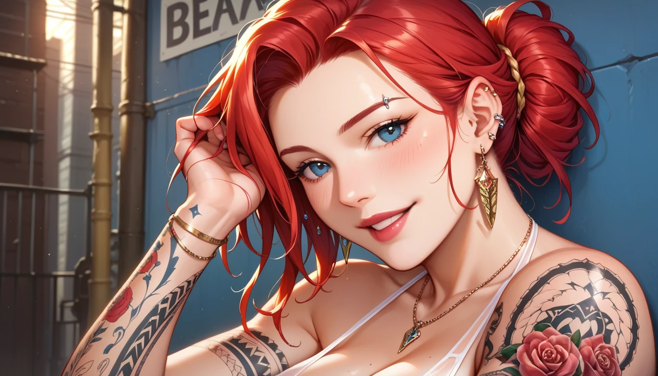 Nina Williams, beautiful, medium tits, wearing sunglasses, gold chains, red lips, smile, evil smile, ponytail hair, big belt, Calvin Clein top, cross pendant, big earrings