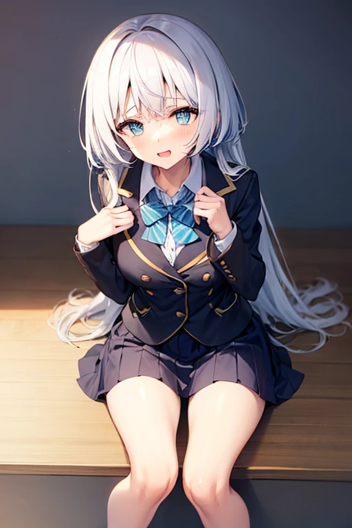 very cute and beautiful girl,(Very detailed美しい顔), (smile),blush,Black Hair,Seraphim,((White Hair、long hair)),(White Shirt、Pleated navy blue pread your legs、Squat)、Sitting、(From below)、(Lace panties), Country road, (Highest quality,masterpiece:1.0),Absurd,High resolution,Super detailed,Very detailed,32K,8k resolution, Intricate details,Movie Scenes,Detailed Background,alone,Dynamic Angle,