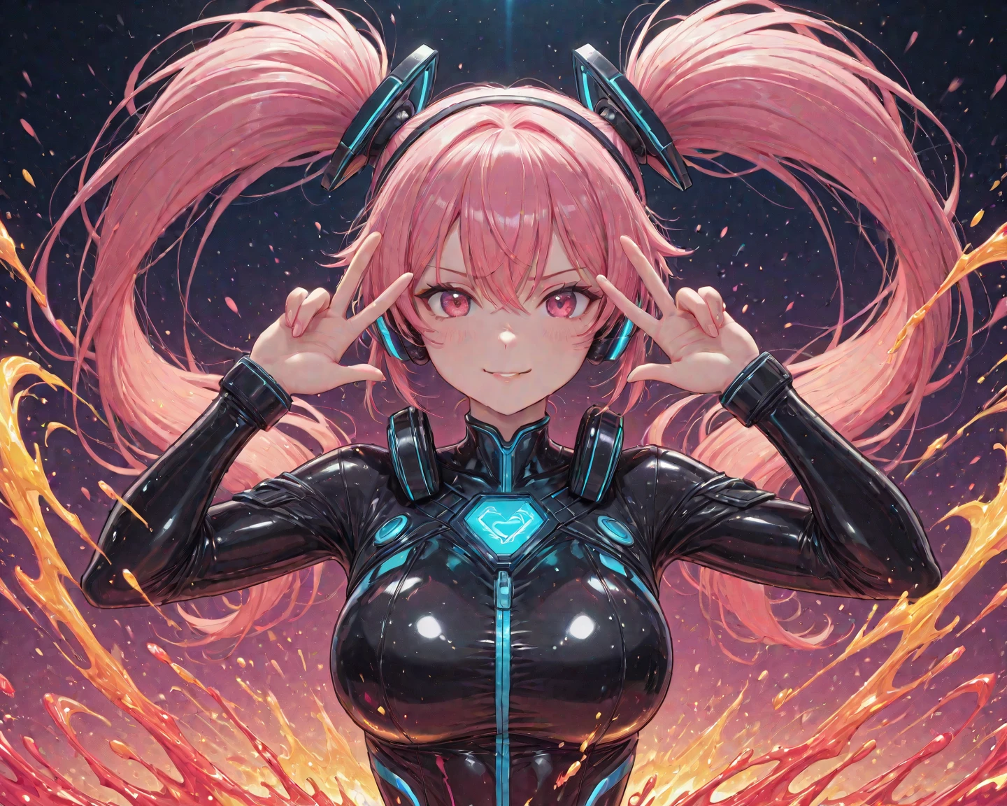 Anime Kawaii sexy Perfect Slim sensual body large breast and huge thighs, An intricate and highly detailed illustration of anime (Young girl). work of art , Kizi ,breasts big. very long red hair , ((shining blue eyes)) , declive , perfect figure , ( technological clothing:1.2) , cyber punk , Prepare your weapon?.future , moderno , in cyber punk city, drlight smile , face detailed ,, , (8k, 最high qualiy 1.2), very detailled, 8k uhd,, soft lighting, high qualiy, film grain, beautiful lighting,, (cinematic:1.4) ,perfectbody , better lighting, best shade, sharpening, sharp contrast,
