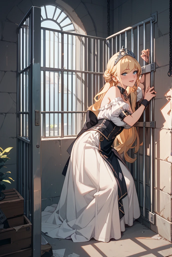 (masterpiece:1.3),(best quality:1.2),8k,absurdres,unity 8k wallpapper,(extremely detailed:1.3),highestres,(prison:1.2),1girl, solo, long hair, blush, smile, blue eyes, blonde hair, large breasts, hair ornament, gloves, dress, cleavage, hair between eyes, bare shoulders, medium breasts, very long hair, closed mouth, collarbone, upper body, flower, wings, choker, elbow gloves, tears, white gloves, hair flower, armpits, , white dress, blurry, arms up, collar, torn clothes, strapless, chain, bound, bdsm, crying, white flower, bondage, letterboxed, messy hair, strapless dress, restrained, crying with eyes open, wedding dress, bound wrists, sad, cage, chained