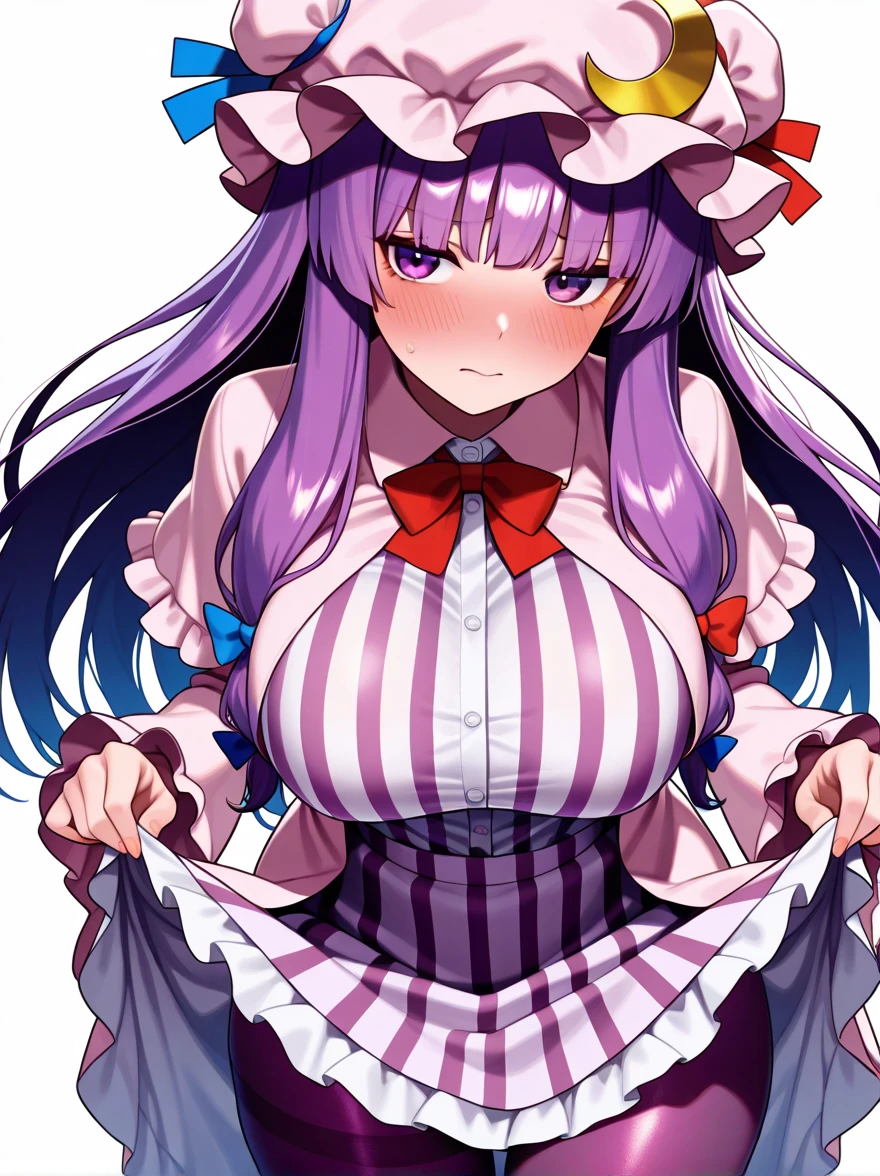 1 girl, game cg, brown short frilled dress, small apron, ((gigantic breasts)), light purple hair, long hair, french braid, purple eyes, smile, white background, own hands clasped,