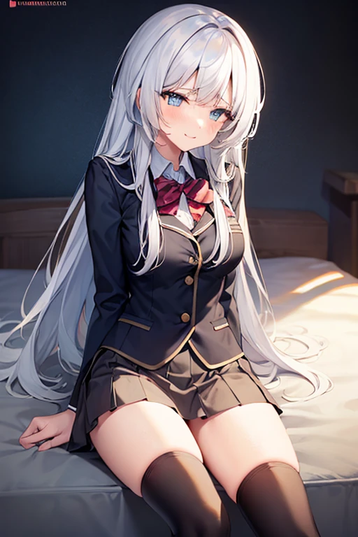 Cute character laying on a bed with a pillow and a pillow,  moe artstyle, nyaruko-san,  visual of a cute girl,  best girl, beautiful high school girl, realitas