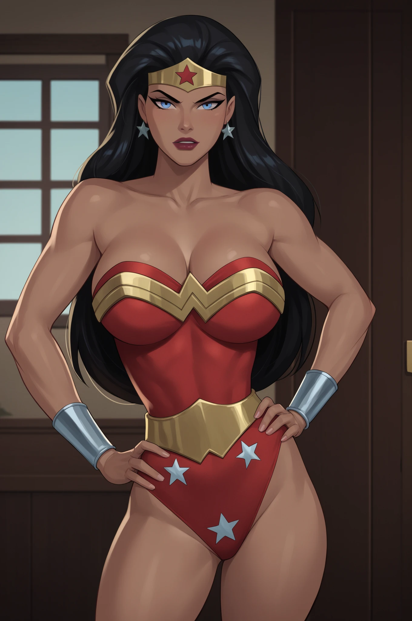 a cartoon of a woman, barefoot, lace panties, Sexy lingerie, posando, commission for high res, Wonder Woman, comic pinup style, cruelly enslaved!!!, commission for, oc commission, fullbody commission for, sww version!!!!!!, by Randy Vargas, by Yoshihiko Wada, by Kentaro Miura, bare thighs!!! Expression of fear, expression of despair, terrified. Bondage, submission, tied with ropes. screaming in pain, suffering a lot, destroyed, HUMILIATED, captured and raped by bandits, raped, degraded, degrading, degradation, depravation. ((abandonned,in the stables of the slave farm)). (She is crying a lot), (she's screaming loudly), (her body is shaking from the cold)