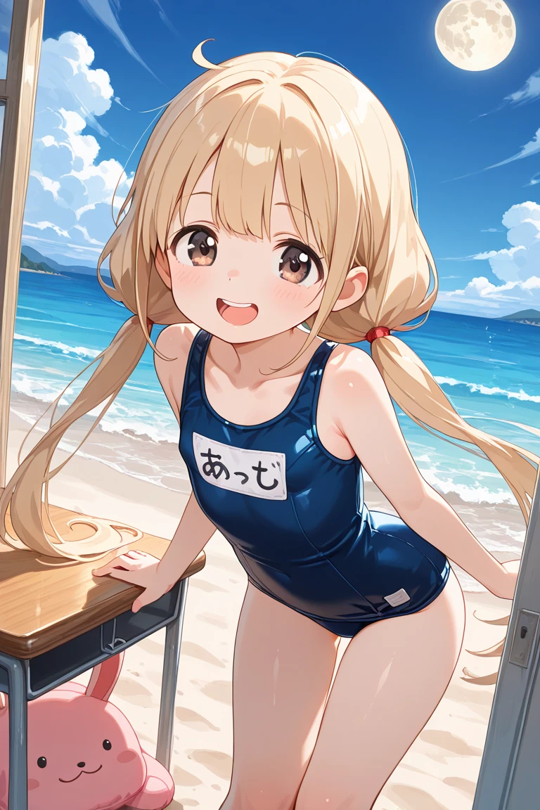 Cute little beautiful girl、Young face、Big Breasts、School swimsuit、A sweet and adorable blush、Beautiful Eyes、Brown skin、Braid、enema