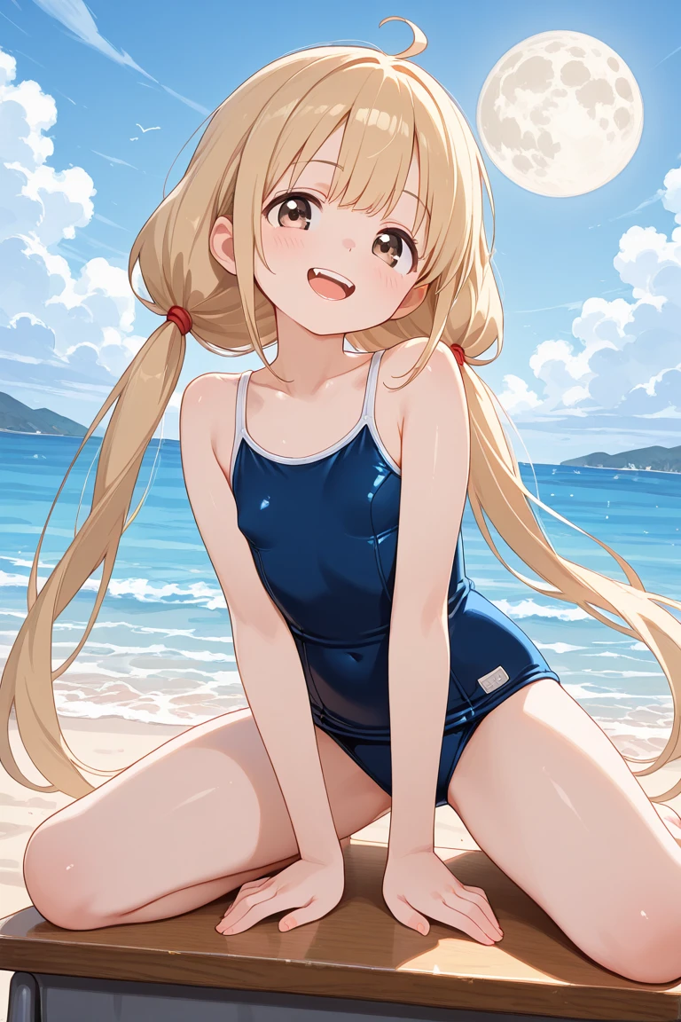 (NSFW:1.1), masterpiece, Highest quality, Ultra-high resolution, Highest Resolution, Very detailed, whole body, thin, very cute,、Complete limbs、Shining Eyes、Full Finger、Slender beauty、Blonde, Bun Hair、Embarrassed look、Writhing expression、Pink、Wear a school swimsuit、Glowing Skin、Knee-length、beach, tree, wind