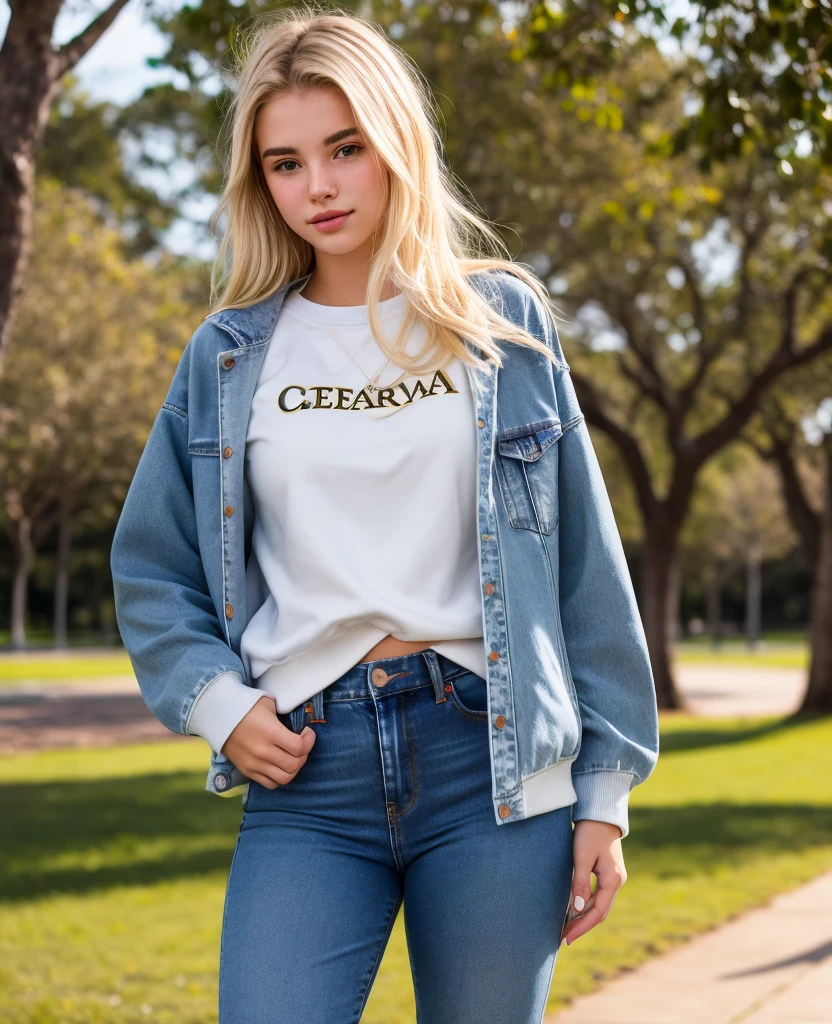a light brown haired woman,masterpiece ,a very beautiful woman,blue jeans, tshirt, sneakers