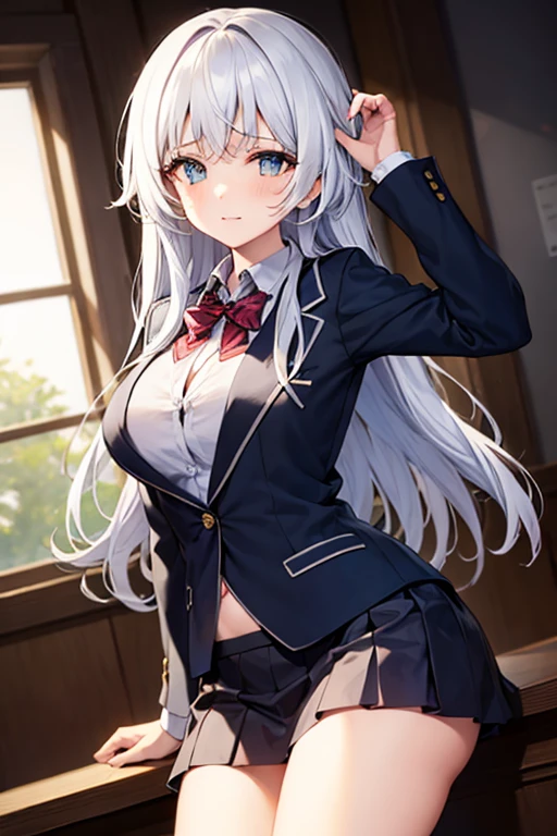 (Highest quality, High resolution, Very detailed), 1 female, Silver Hair, Long Hair, Reddish brown eyes, office staff suit skirt, lace thong, secretary, 24th generation, Beautiful woman, mature, quiet, Calm, Large Breasts, A small smile, office,