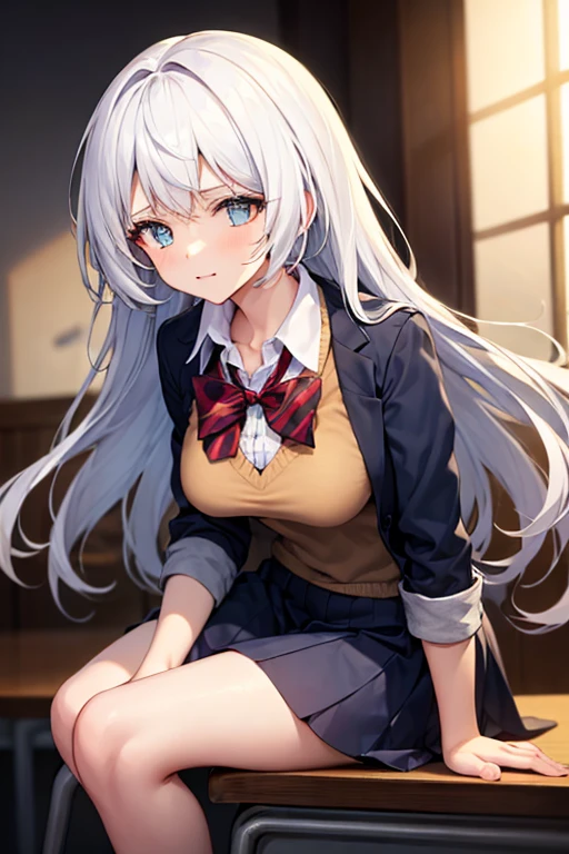 (raw photo,best quality, insanely detailed, masterpiece, perfect face, insanely detailed perfect fingers, beautiful and aesthetic:1.2, highest detailed face),(((Scale to fit the dimensions, character focus,looking at viewer))), BREAK (((1 girl is sitting on desk))),{ 18_y.o. Caucasian school girl, adorable, cute, enjoying:1.1, mischievous smile},( school uniform),( plaid mini skirt:1.1,white panties:1.3),BREAK super detailed beautiful white skin, huge Perky breasts:0.9, toned slender body, small hips,thin legs,messy hair, BREAK cinematic lighting, depth of field, beautiful scene of classroom, desk, chair, blackboard behind,( official art, extreme detailed, highest detailed)