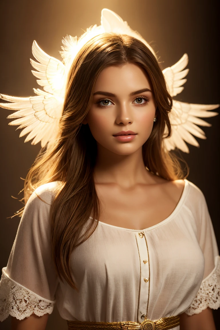 closeup portrait of a young sexy white woman with revealing Fit and flare dress in heaven , symmetrical face, Outdoor lighting, Brooding atmosphere, sharp eyes, angel, angel wings, holding cold coins, gold coloured background, face at centre of image