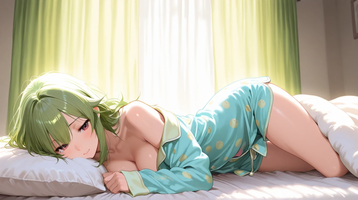 1girl, solo, indoors, on bed, lying, sleeping face, pillow, ((cloled-eyes)), half-open mouth, blush, breasts, large breasts, cleavage, yellow pajamas, Polka-dot patterned nightgown, medium hair, lime green hair, dark skin, 