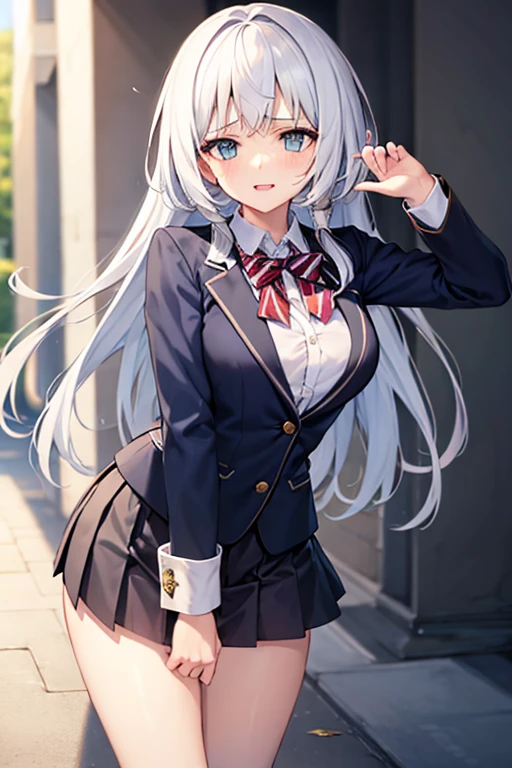 8k, huge , floating hair, busty, large chest, big tits, thick, masterpiece, best quality, 1girl, ichinose, ichinose, 1girl, solo, smile, skirt, bow, , jacket, socks, blazer, simple background, masterpiece, view at camera, fullbody, random pose,