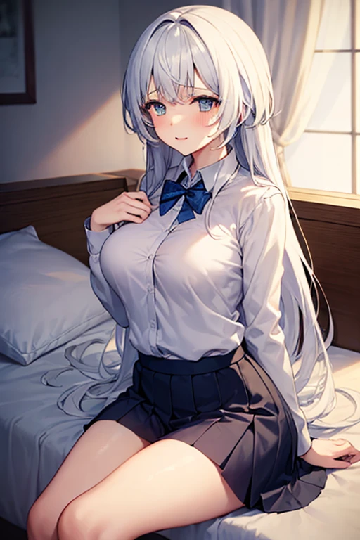 Girl sitting on bed(The girl has long silver hair Shoulder length She is wearing a white shirt and a black pleated skirt All buttons on the shirt are closed Gray Eyes White skin tall With bangs Beautiful face Thin legs Small waist, slightly large chest Smiling Silver Hair Anime Style )