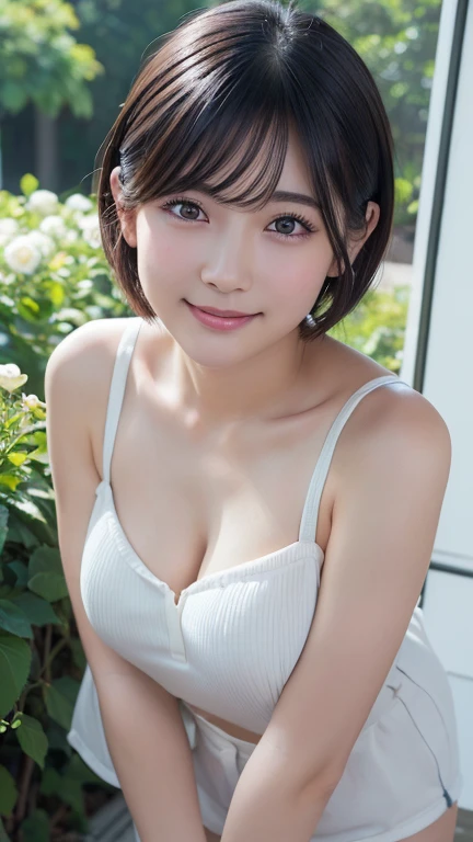 Best Quality, Very High Resolution, (Realistic:1.4), (Fine Duplicate:1.4), facial details, fine eyes, camisole, Full Length, smile, Middle breasts, Middle backside, Short hair, 1girl, from above,