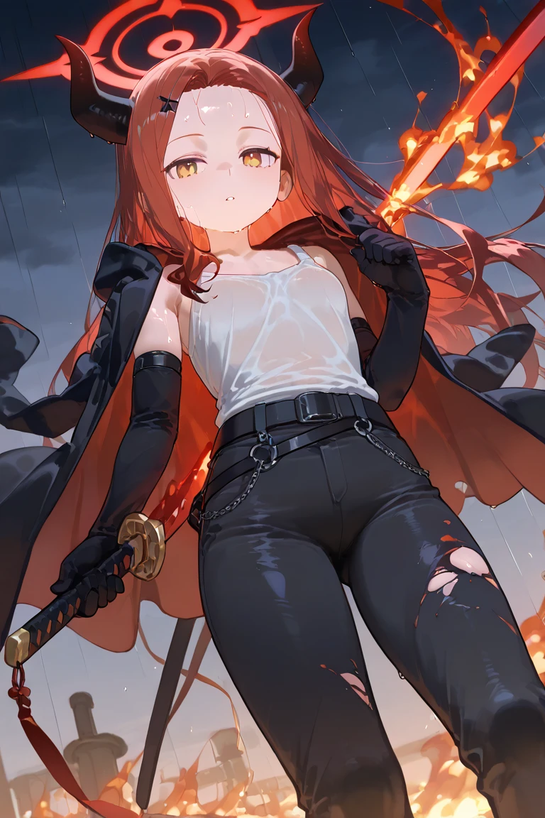 (1girl, Masterpiece, best quality) A young elf female with (long length intense orange hair and sharp side-swept fringe). Neutral, sligthly serious expression. Her attire includes a red cloak with yellow trim that covers a (medieval-style brown and gray chest piece). She has green eyes. She has a brown belt cinched around her waist. She wears brown pants. (She's wearing a red hood ((with attached (gray horns tilted back) to hood.)).)