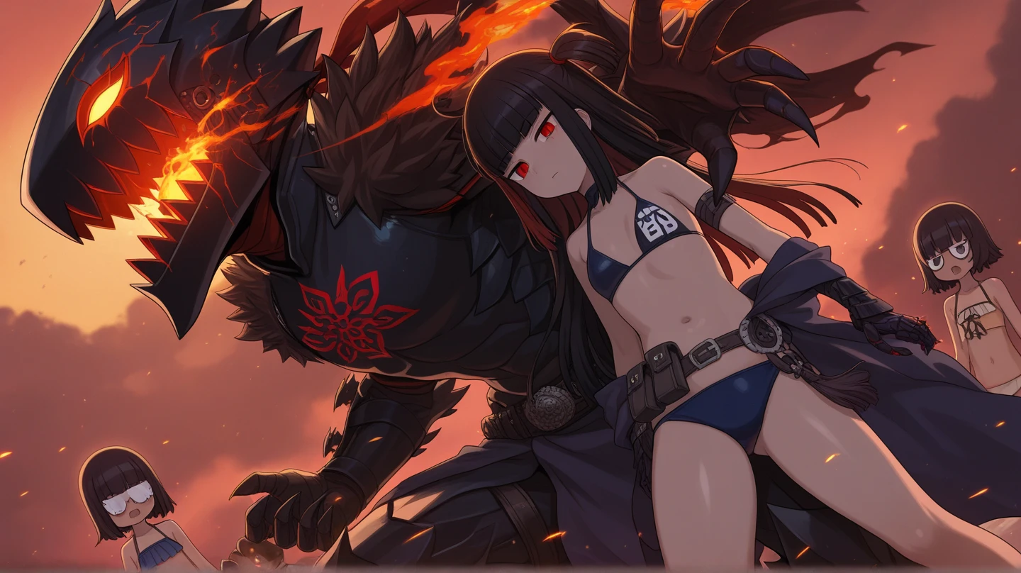 black hair, extremely long hair, yellow eyes, pale skin, muscular, large breasts, thick thighs, angry, black dragon, 1 girl