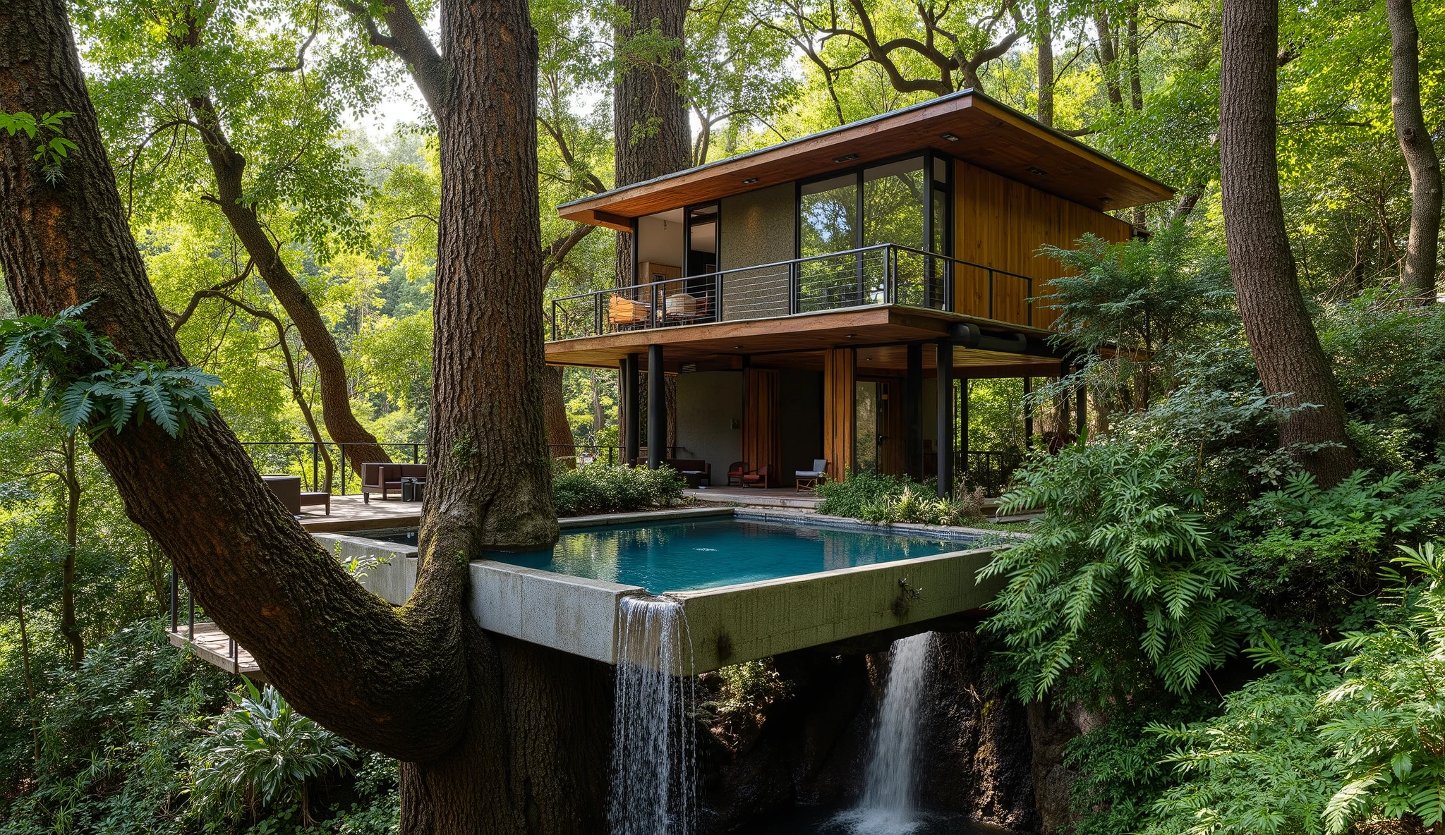 (treehouse:1.5),(巨木 レッドウッドの上にあるtreehouse:1.5),(Modern 3-storey mansion standing on a giant tree:1.5)、There is a luxurious pool、A waterfall cascades down from natural bedrock、