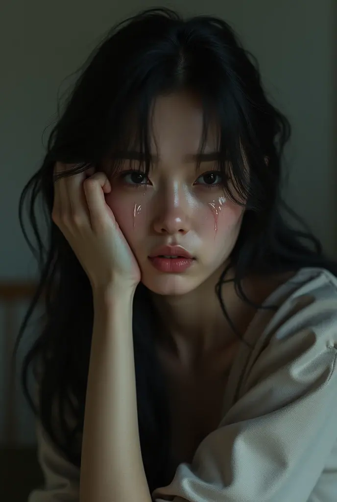(photorealism:1.2), a young woman  ((sitting)) with a sad face. ((with tears))