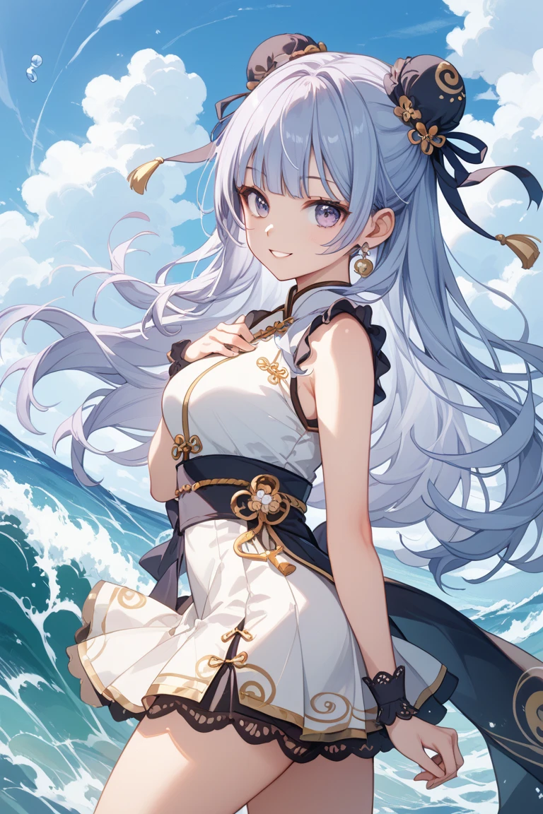 sketchnime, Create a depiction of a belly dancer performing gracefully on the surface of shimmering ocean waves.
