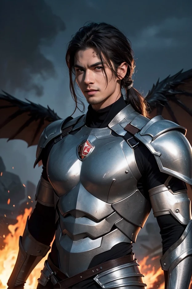 One, good looking, 1 person, Sporty body, V-shaped body, Detailed armor in black with purple glittering details, black demon horns, Long Hair, Black Hair, Reddish purple color of reptile eyes, Purple thread, Black light,Muscular boy,Huge penis,Huge muscles,smooth muscles,Crouch and faint,Put a knife to one&#39;s neck