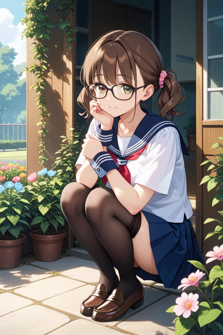 so beautiful, Beautiful Eyes, Highest quality, Very detailed, Intricate details, One Girl ,Short brown hair, Brown eyes, Thick thighs, Sailor suit, School、good looking, Medium Hair, Brown Hair, Pink highlights on the tip, Pale pink eyes,Smile Facial,Tanabata、Wear glasses