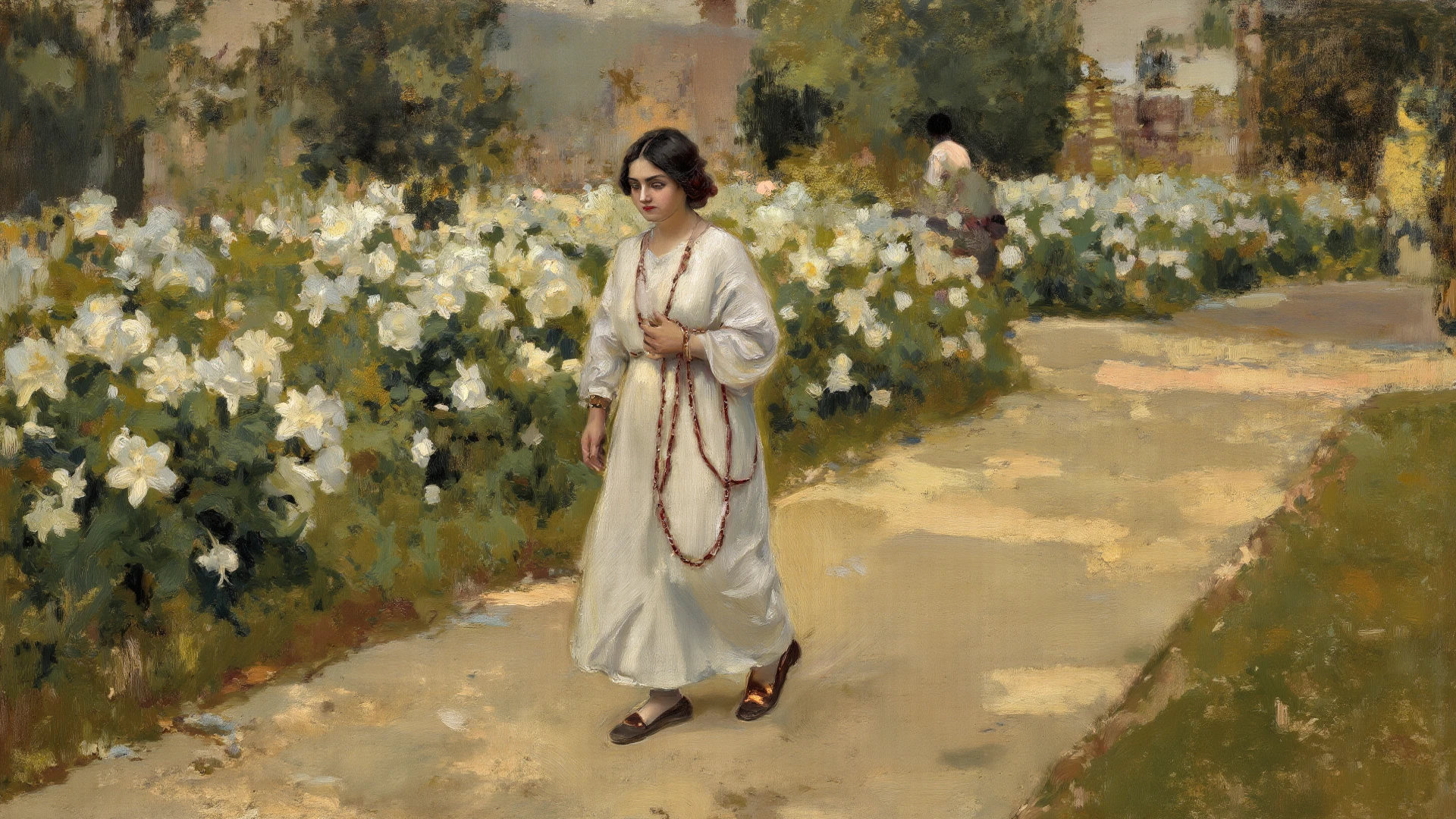 alone in the universe, in watercolor style, Photorealism, discreet golden and ruby and mint shades, (nude) a gentle, modest, thin girl of 16 years old with a very beautiful, sophisticated face of the southern type with a short dark hairstyle with beautiful breasts with tender nipples (barefoot) in a long old green skirt walking in the distance (Across the desert) with a flask of wine, stunted little plants, drought, precious jewelry on the neck and chest and on the wrists, precious bracelets, ankle bracelets