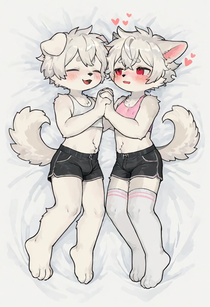 (hi res), ((masterpiece, best quality:1.0)), illustration, furry girl, animal ears, white body fur, tail, 2girls, duo, full body, long grey hair, blue eye, white crotchless undies, looking at viewer, facing viewer, smile, bedroom background , nsfw, kissing,  hugging ,
