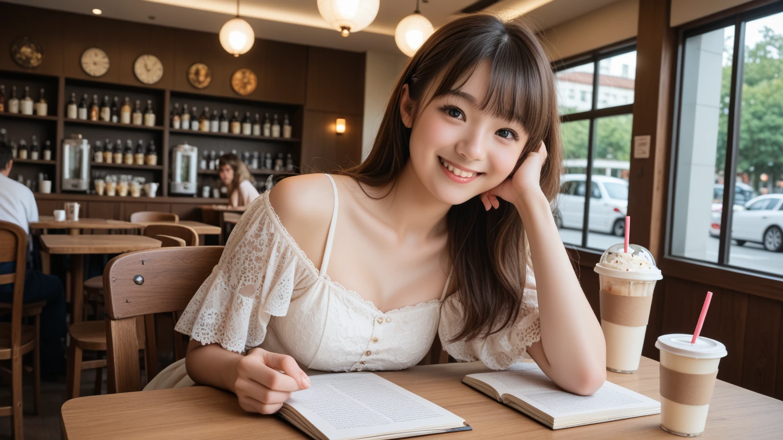 Produce the highest quality and highest resolution 8K images。Please draw the upper body of a 20 year old Japanese woman.。Please draw an image of someone reading a book in a stylish coffee shop.。She has brown eyes and a model-like figure、She has an idol-level cute face.。Her hair is in a bun.。she、I'm smiling at the camera。