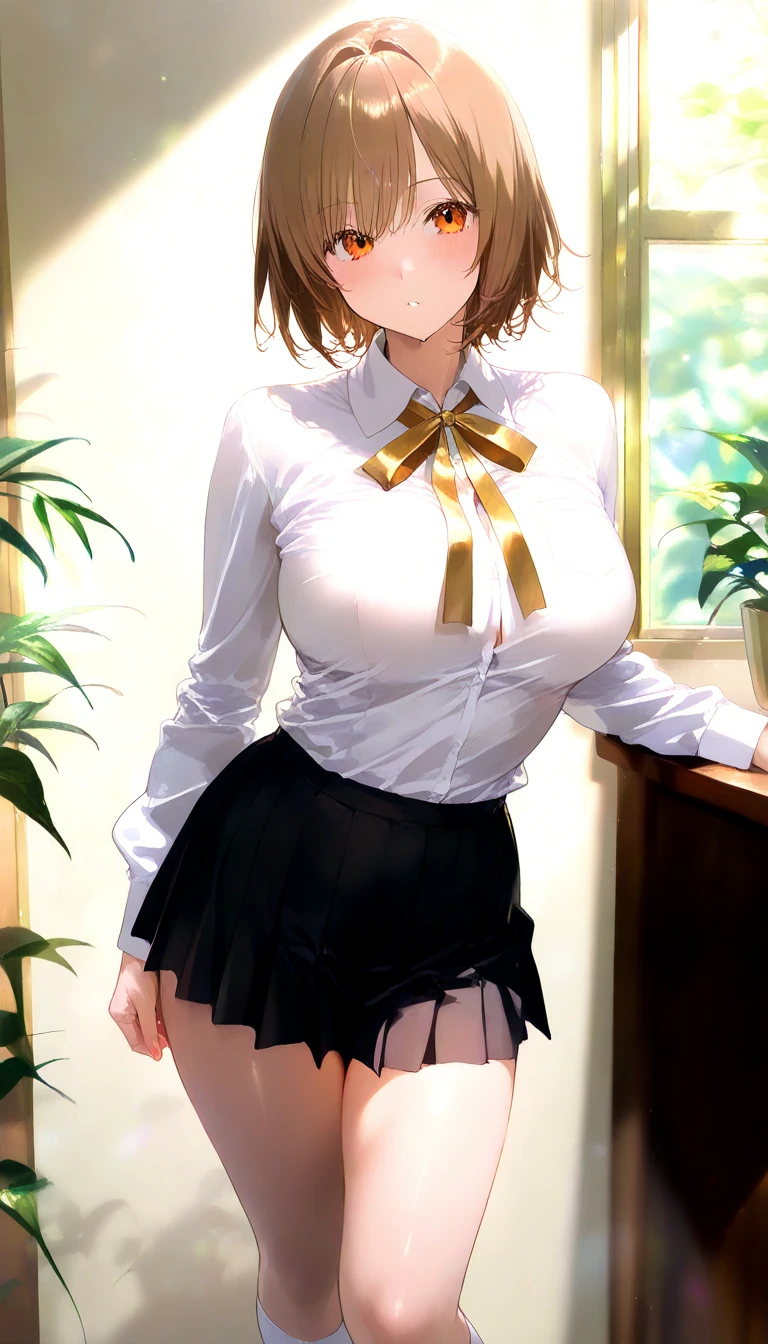 masterpiece, best quality, ultra high res, ultra-detailed, in a crowded classroom, day, near a windows with a beautiful green mountains landscape, 1 girl, solo, sakura kinomoto, (gigantic tits with gigantic cleavage: 1.6), (dense pubic hair: 1.4), (wearing a white shirt,no bra, a red ribbon, a black pleated skirt, a pair of black high tights, a pair of indoor school shoes: 1.4), innocent face, reddened face, (she is standing and bending forward while having her hands behind her back and looking at the viewer with a fond espression and a beautiful smile: 1.6),