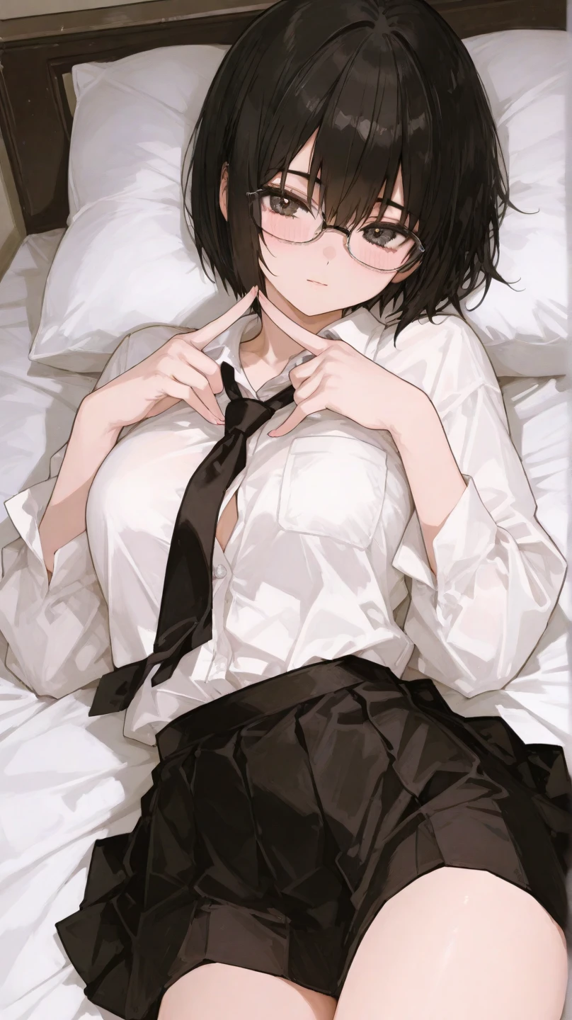 A close-up image of a young adult woman with short brown hair, wearing black-framed glasses and with brown eyes, showing only from the nose down. The scene reveals her kneeling on a bed, dressed in a business outfit with a skirt. Her blouse is open, revealing an undershirt beneath