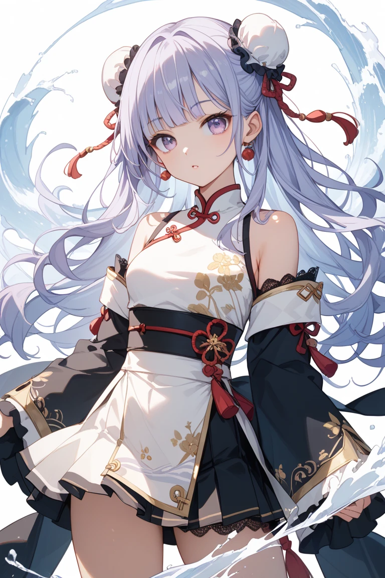 (Highest quality:1.4), High resolution, masterpiece, Detailed, One beautiful woman, Light purple hair, Purple eyes, Beautifully detailed face, Beautiful attention to detail, Mid-chest, Naked thin thighs,, hair ornaments, (red|White Japanese shrine maiden outfit), red面,, lanthanum, shrine,, Detailed face,