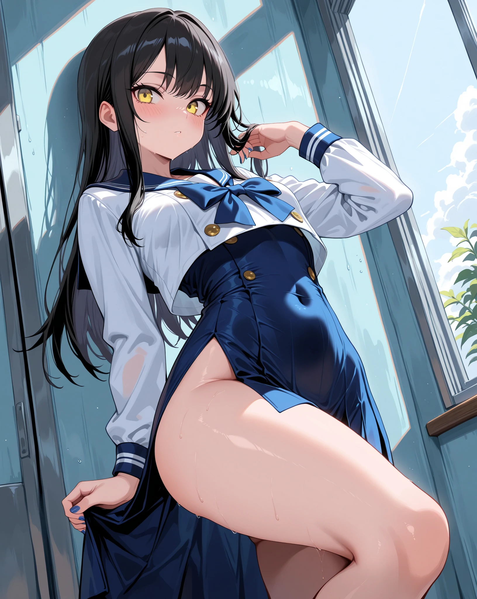 (masterpiece), mature school girl, sexy, posterior, floral lace undies, natural light, photorealistic, cameltoe, diffused light, depth of field, white skirt, steam, (lift skirt), (urination), lifelike,(gravure pose: 1.2)