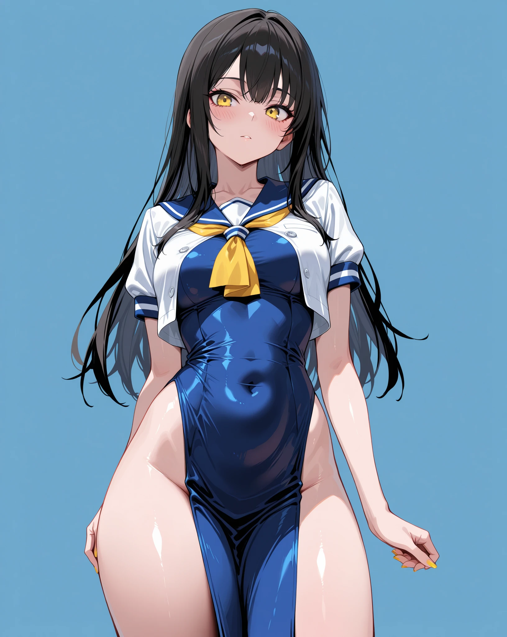 (masterpiece, best quality), 1girl, kawaii, (super big breasts, micro waist, very long legs:1.5), Black medium hair, Very elongated thin body, short height, scrawny, tiny cute thin face, detailed face, cute smile, serafuku, pigeon-toed, wet and sweaty, big visible ribs, sex with ejaculating big penis ugly man , Cowgirl position, V sign