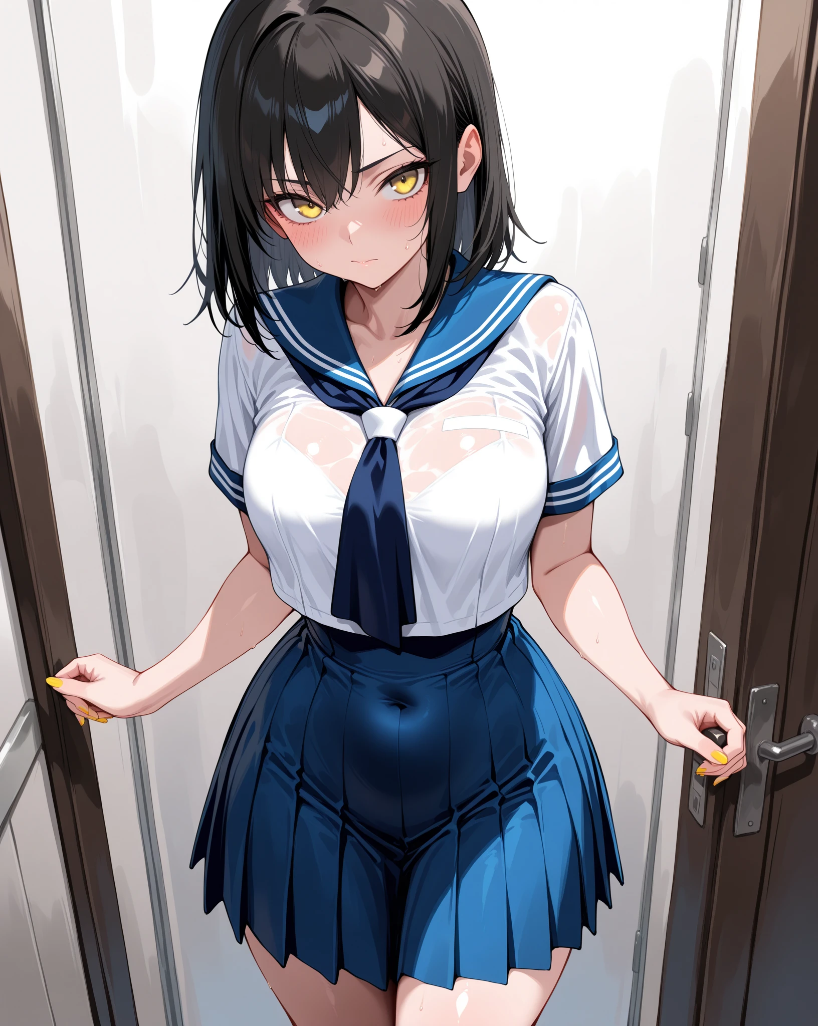 1girl bar_censor black_hair black_skirt blue_bra blue_eyes blush bra bra_lift breasts breasts_out censored chair chalkboard classroom closed_mouth clothes_lift clothes_pull desk female_pubic_hair from_below groin indoors looking_at_viewer medium_hair navel nipples panties panty_pull pleated_skirt pubic_hair pulled_by_self pussy sailor_collar school_chair school_desk school_uniform serafuku short_sleeves skirt skirt_pull small_breasts solo sparse_pubic_hair standing underwear white_serafuku