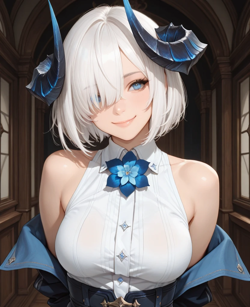 1 Girl, Bethel, blue eyes, 裸Off-shoulder膀, breast, medium breast, short hair, White hair, Bangs, Gloves, fingerless Gloves, white , Put your hands behind your back, Off-shoulder, trumpet, Smile, (masterpiece), (best quality), (Extremely detailed), Simple background