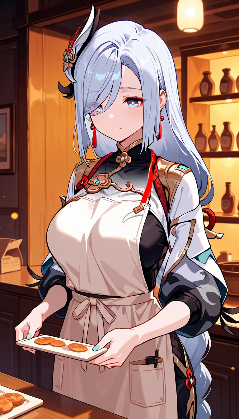 absurdres, highres, (official art, beautiful and aesthetic:1.2), ultra detail, beautiful person, mature female, 1girl, shenhe(genshin impact),
narrow waist, wide hips,
eyes visible through hair, off shoulder, hair over one eye, casual, blue eyes, clothing cutout, ponytail, solo, purple eyes, white hair, midriff, long hair, shirt, white thong, crop top, underboob, pencil skirt, upskirt, pantyshot, <lora:jean_divineElegance:0.6> <lora:shenhe:0.4>