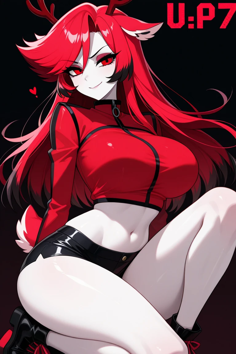 anime, jester, joker, style circus, emo girl, short red, (Masterpiece, Best quality, ultra-high resolution), 1 girl, standing, pale skin, ((red eyes)), Bright_eyes, neon eyes, (ultra-detailed eyes, beautiful and detailed face, detailed eyes: 0.9), creepy face, (evil smile, twisted sadistic expression) ((full shot)), facing the viewer, eye level, (black and red background), B-cup chest, looking at the viewer, making symbol of peace with a hand, ((half-closed eyes)), ((perfect hands)), (((head, arms, hips, elbows, in view))), ((one hand behind the back)), empty gaze, beautiful lighting, Background, defined theme, 25 years old, Perfect anatomy, Perfect body, longeyelashes, solid circle eyes, ear blush, red eyes, red hair, blunt bangs, wearing long black stockings.