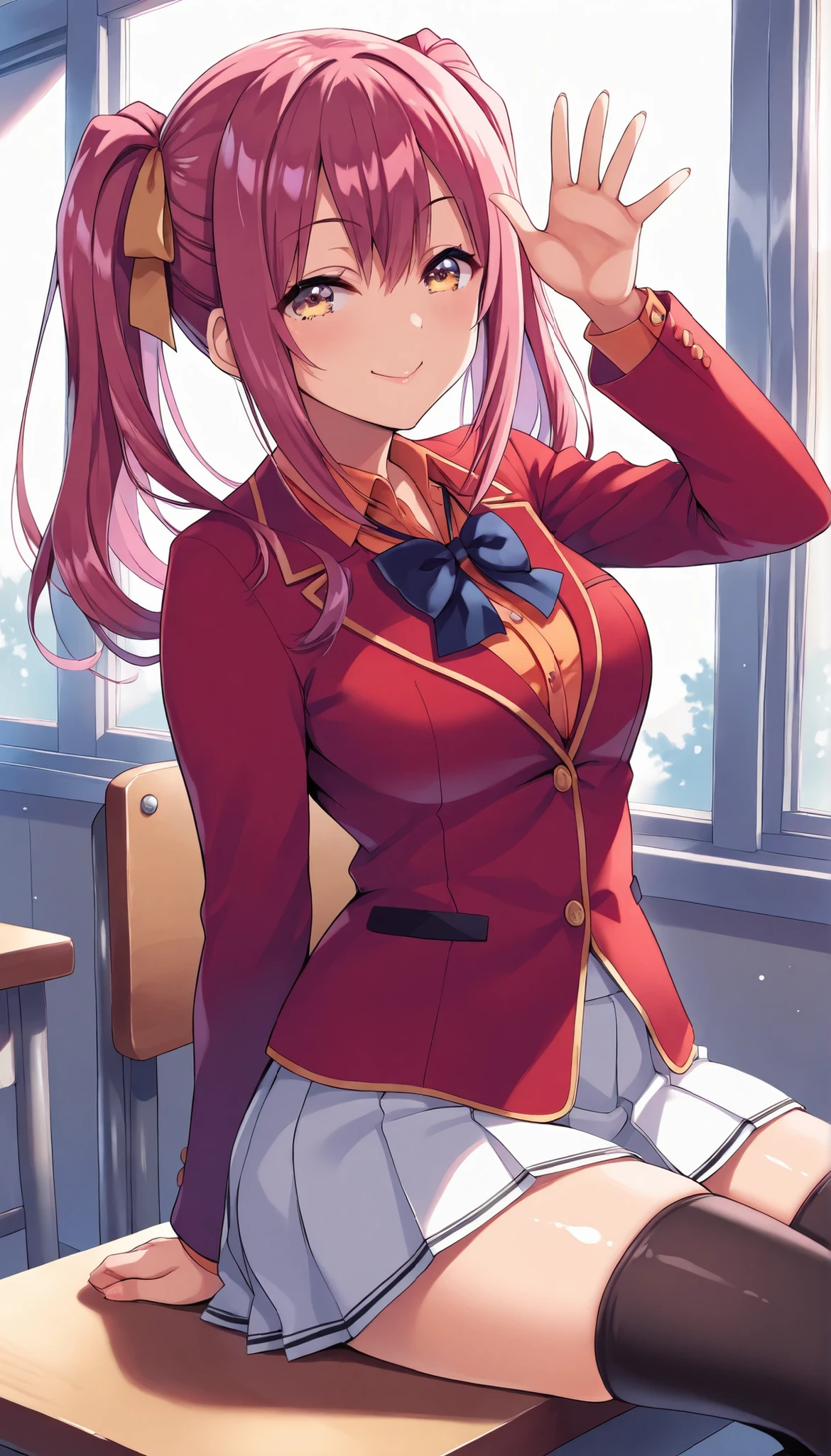best quality ,high quality , solo,a girl ,amasawa ichika , ribbon , twintails , long hair , hair ribbon , yellow eyes , purple hair , red hair , white skirt , school uniform , pleated skirt , blazer , red jacket , orange shirt , black legwear , thighhighs , blue bowtie , shiny skin ,classroom, glossy lips ,cowboy shot ,from side ,waving, closed mouth, smile ,sitting,