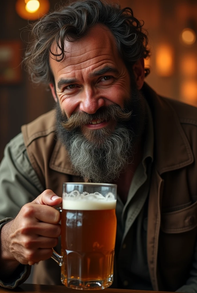 a lovely smiling shaggy hairy bearded woman is holding a mug of beer