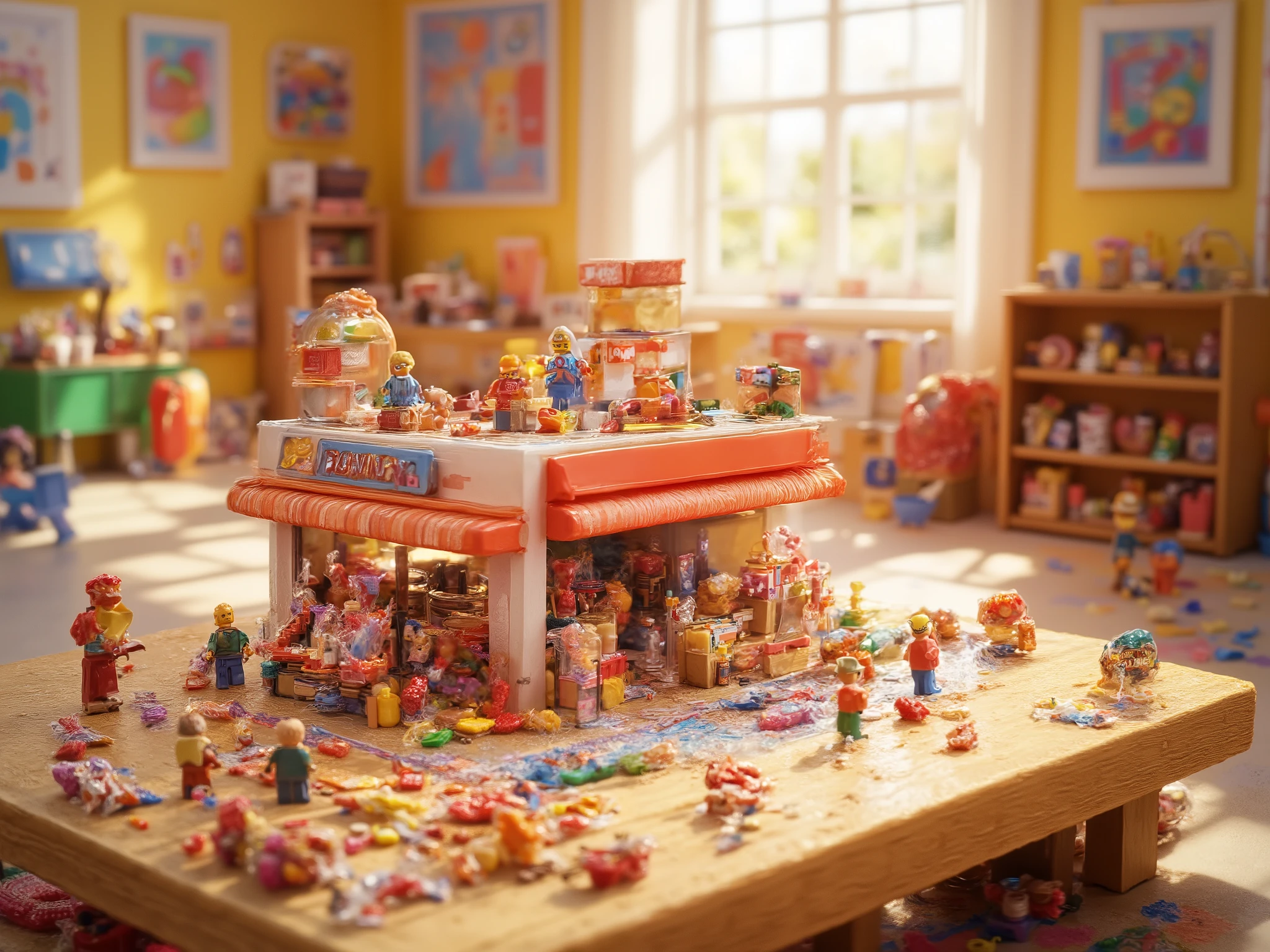 Miniature 3D candy shop made entirely of colorful LEGO bricks, with tiny candy displays and playful signage, placed on a large wooden table in a cozy, brightly lit ’s room. Background includes toys, crayons, and a window with sunlight streaming in. Hyper-detailed, Pixar-style rendering, soft shadows, vibrant colors, realistic textures.